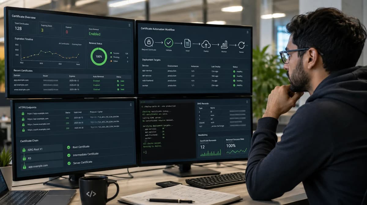 Cloud security engineer monitoring public TLS certificate automation, renewal status, DNS validation, and deployment checks