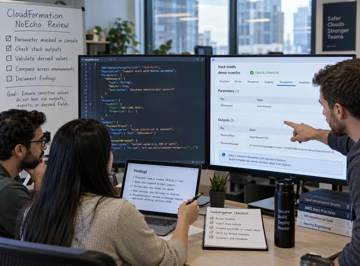 Cloud security engineers reviewing a CloudFormation stack where a NoEcho parameter is masked but its value remains visible in Outputs.