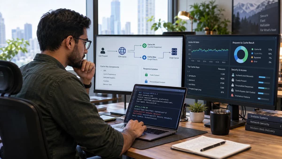 Cloud security engineer auditing CDN cache keys and personalized response isolation on multiple monitors