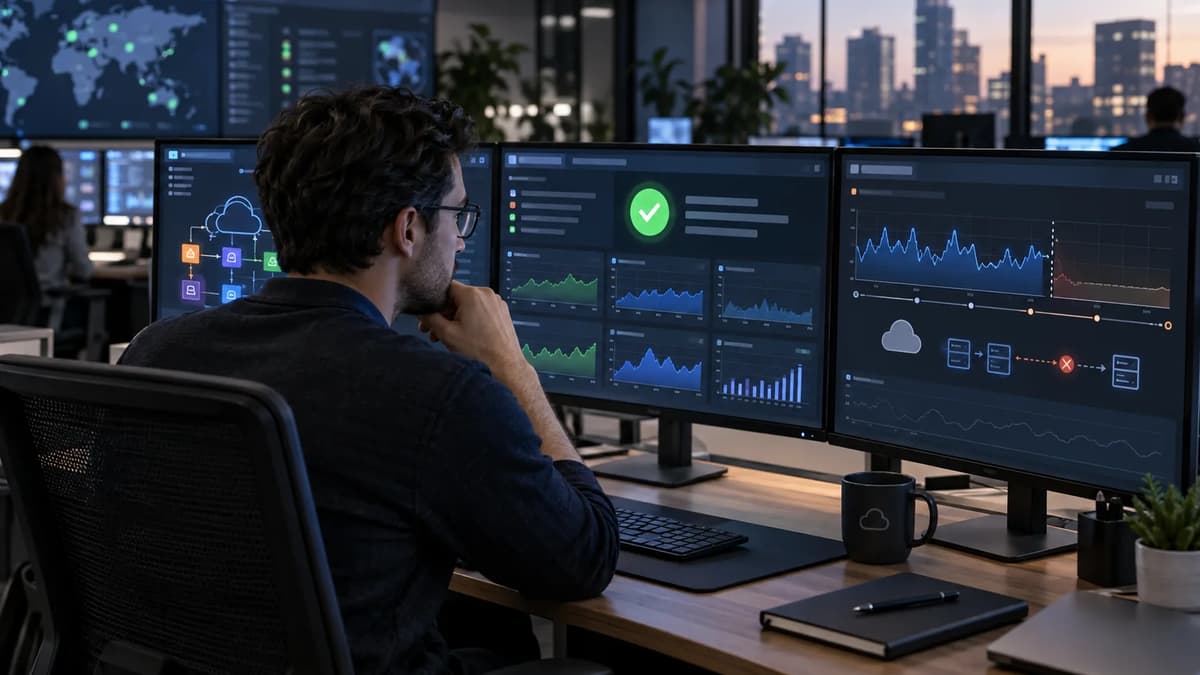 Cloud reliability engineer reviewing CloudWatch alarm states and metric freshness dashboards at work