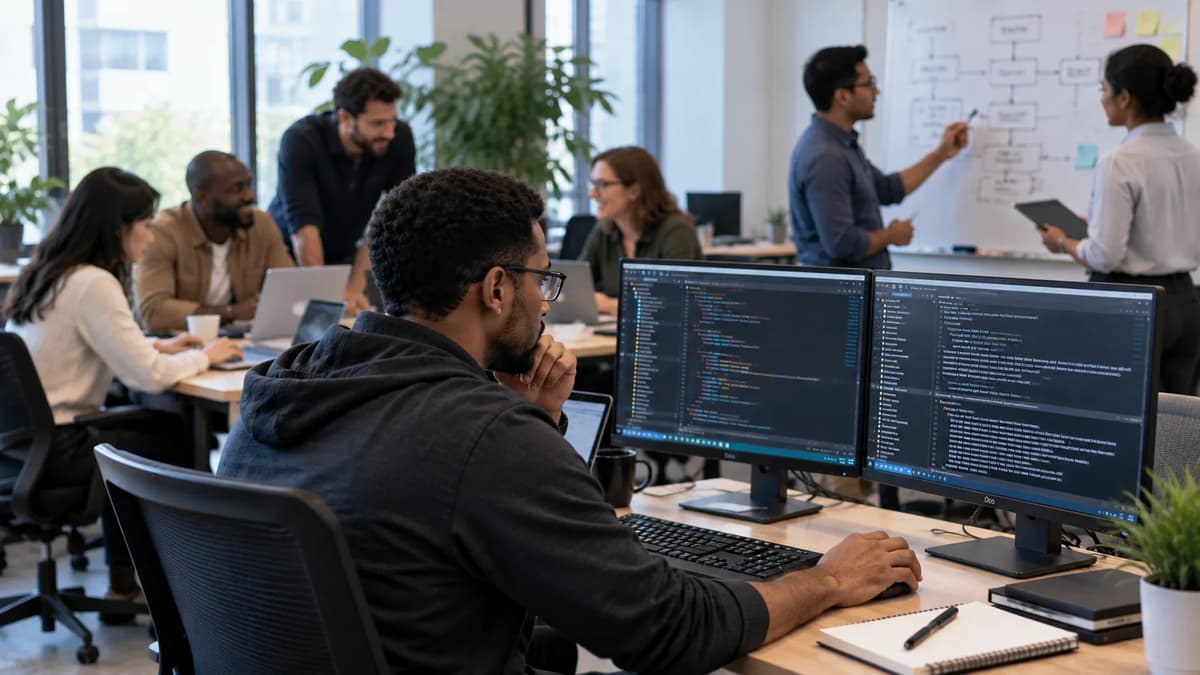 Build engineer comparing cached and approved CMake library paths and reviewing validator logs on desktop monitors.