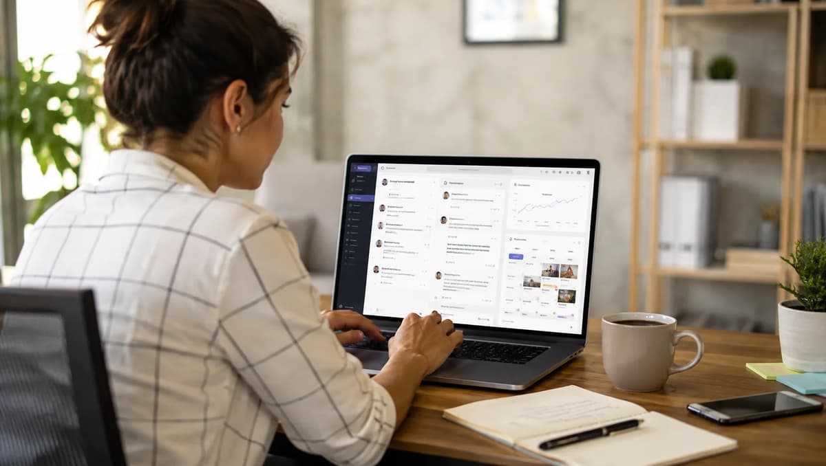 Community manager working on a laptop with online conversations, engagement analytics, and a content calendar