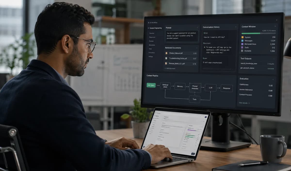 AI engineer working on context engineering and prompt workflows in a modern office