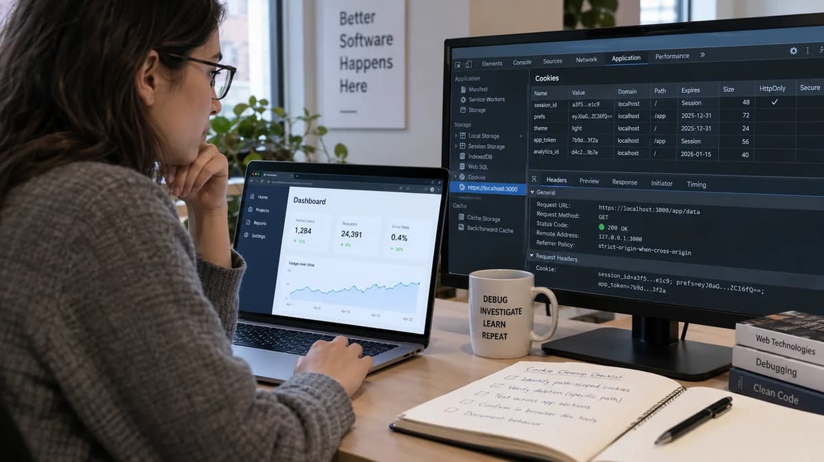 Frontend engineer inspecting path-scoped cookies in browser developer tools during a cookie cleanup test