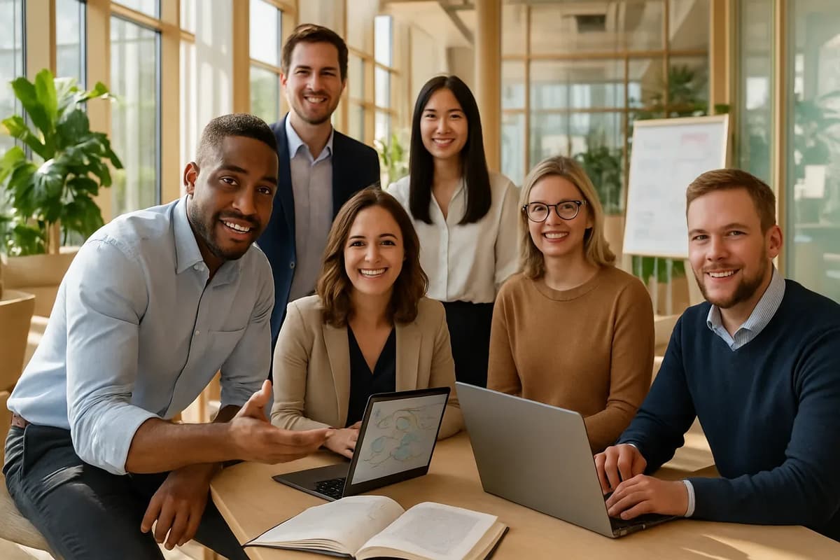 A group of four professionals in business casual attire smiling and engaged in a modern office filled with natural light, laptops, and plants.