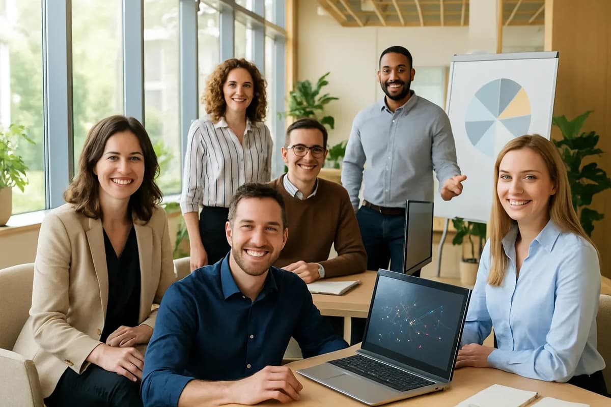 A group of four professionals in business casual attire smiling and engaging in a modern corporate office filled with natural light and greenery.
