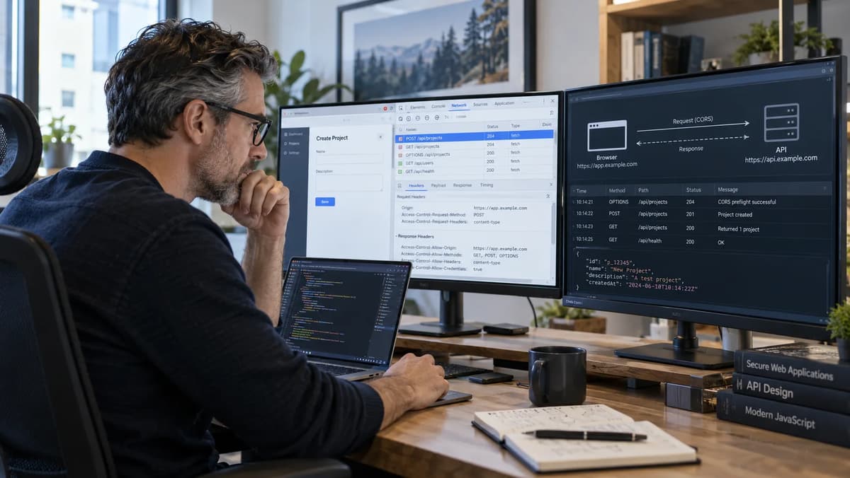 API security engineer reviewing browser CORS requests and server-side write logs on multiple monitors