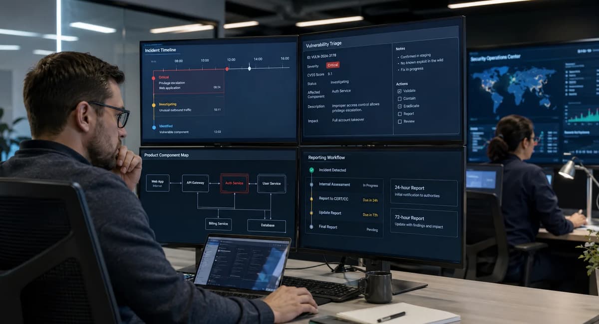 Product security analysts managing CRA vulnerability reporting deadlines in a cybersecurity operations center