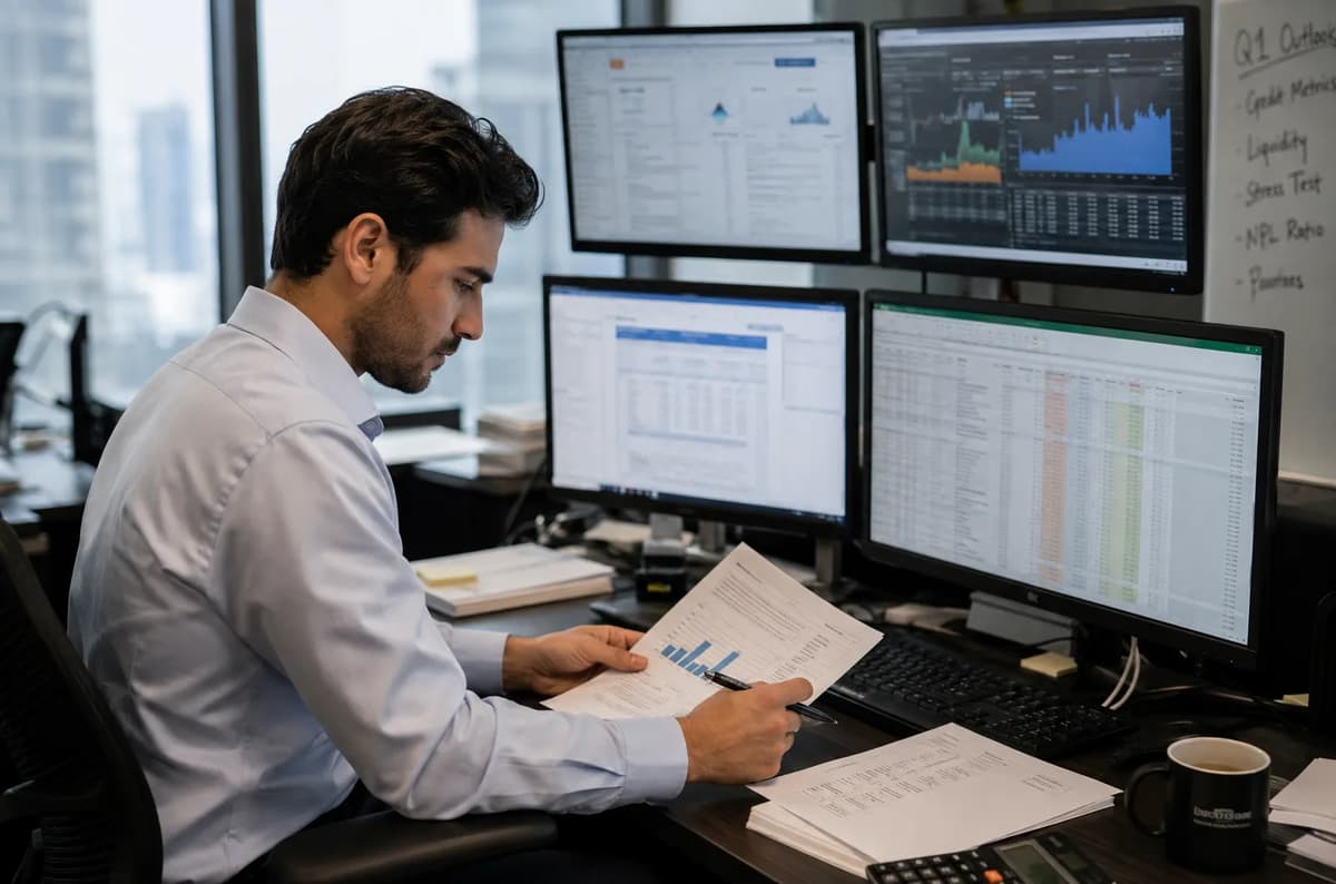Credit risk analyst reviewing financial reports and risk data in a modern bank office