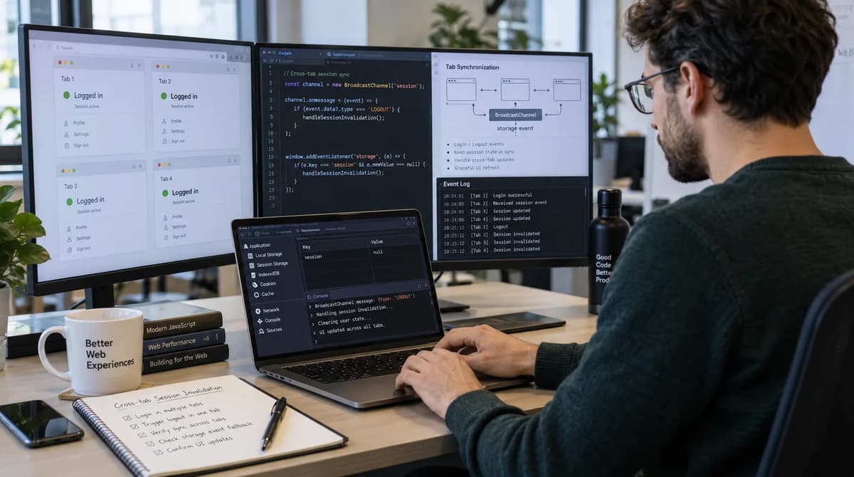 Software engineer testing cross-tab session invalidation with BroadcastChannel and storage events across multiple browser tabs