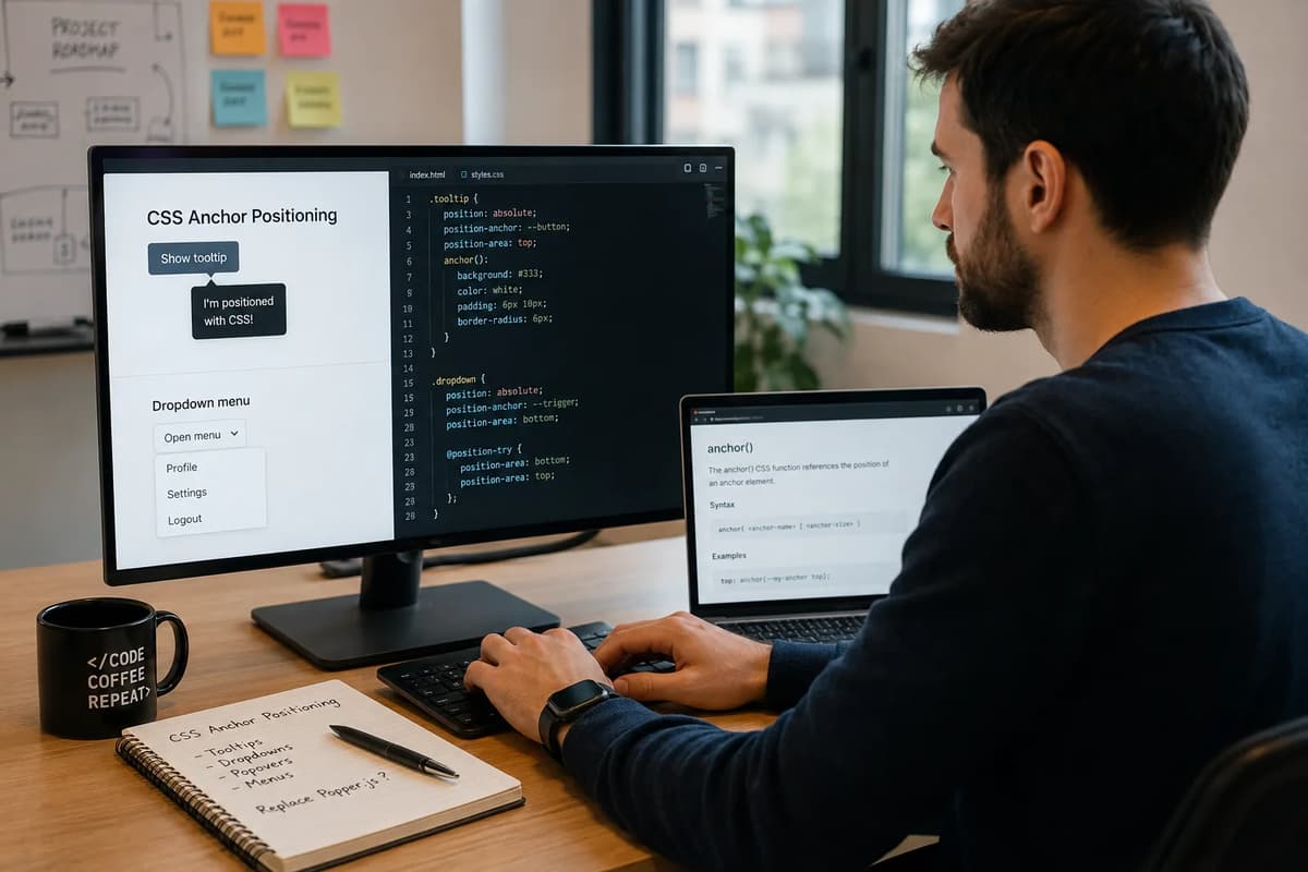 Frontend developer using CSS Anchor Positioning to build native tooltips and dropdown menus without JavaScript