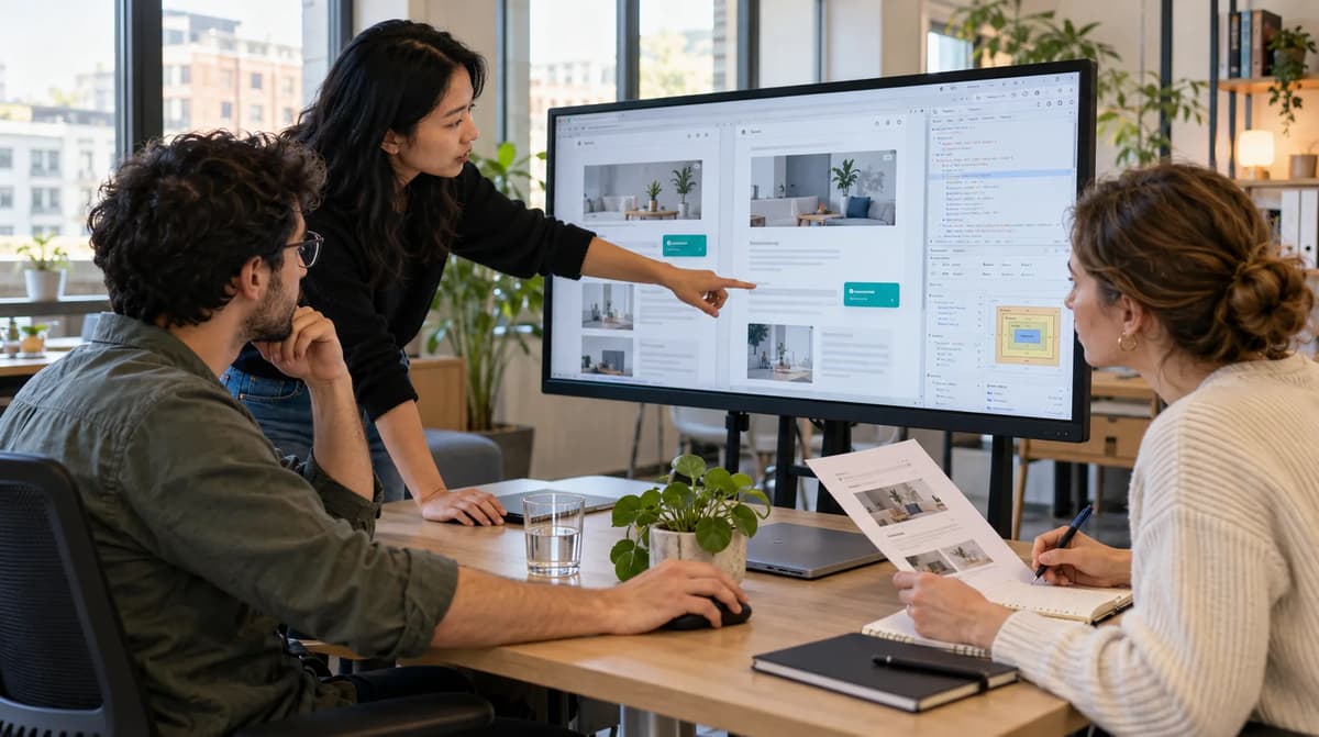 Three developers comparing webpage layouts and CSS fixed overlay positions on a large monitor in an office.
