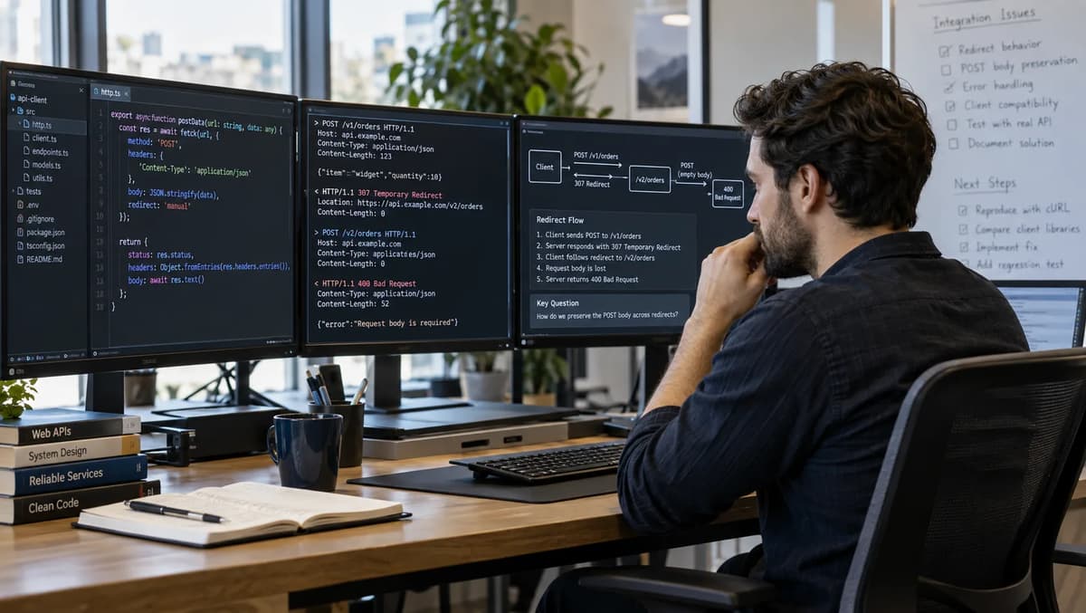 Software engineer debugging curl POST redirects and API request body preservation on multiple monitors