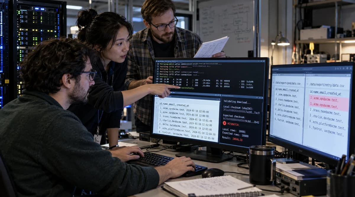 API and data engineers comparing a duplicate-row CSV from a curl retry with a validated staged download.