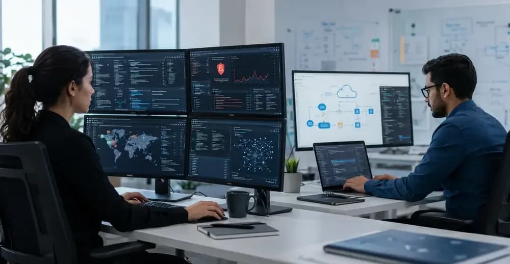 Cybersecurity analyst monitoring threat dashboards beside a cloud security engineer designing secure cloud infrastructure