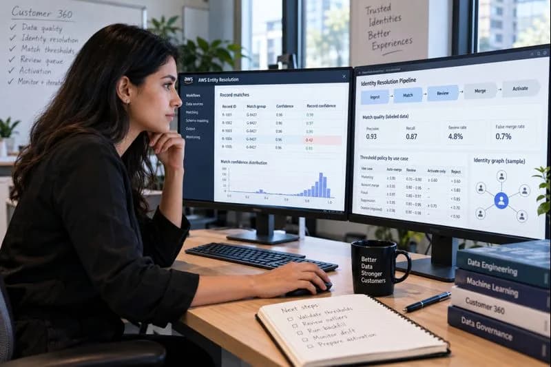 Data analyst reviewing AWS Entity Resolution record confidence scores and identity merge thresholds on dual monitors