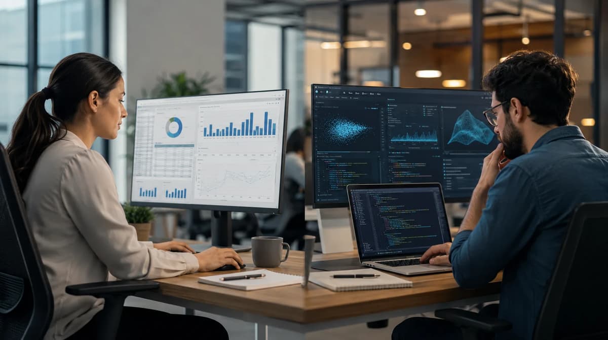 Data analyst and data scientist working with dashboards, code, and predictive models in a modern office