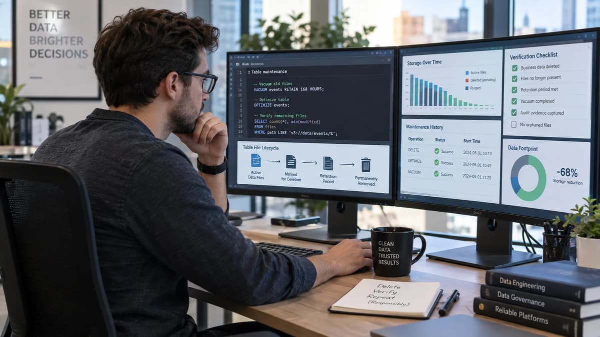 Data engineer verifying Delta Lake deletion, retention, and VACUUM cleanup on multiple monitors