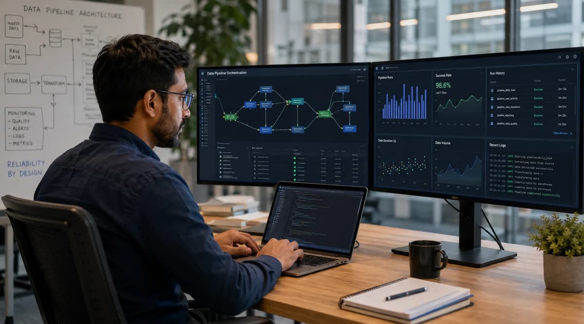 Data engineer monitoring workflow orchestration pipelines and performance dashboards on multiple screens in a modern office