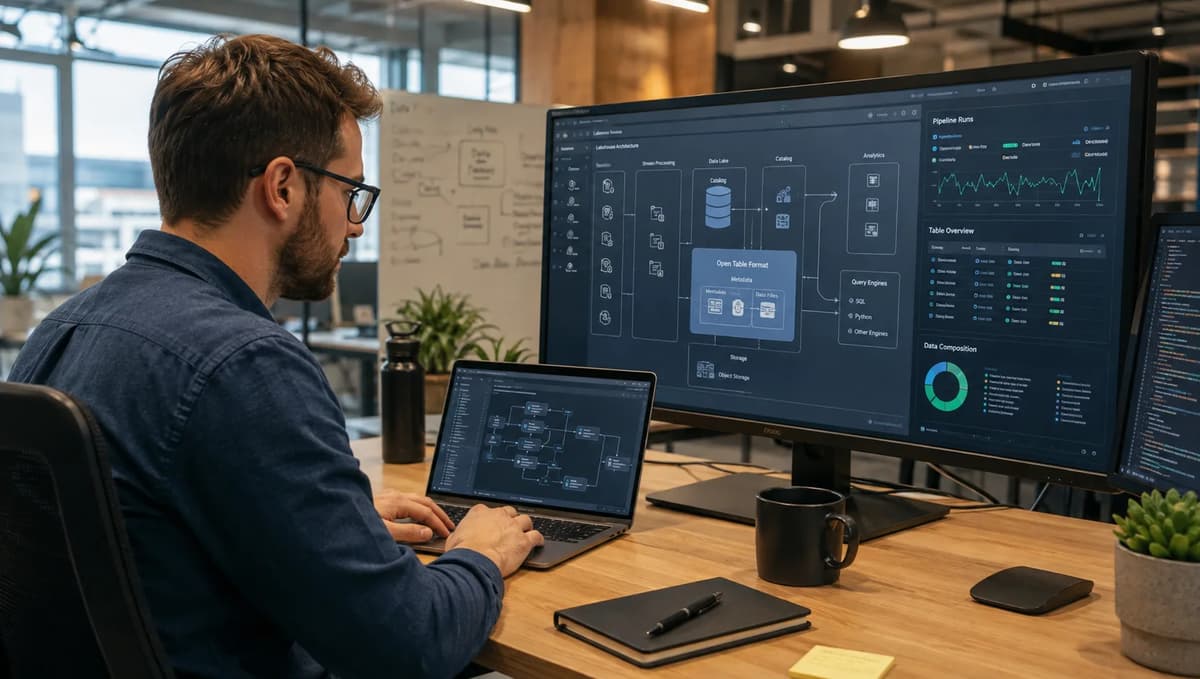 Data engineer reviewing open table format architecture and data pipeline dashboards at a modern workstation.