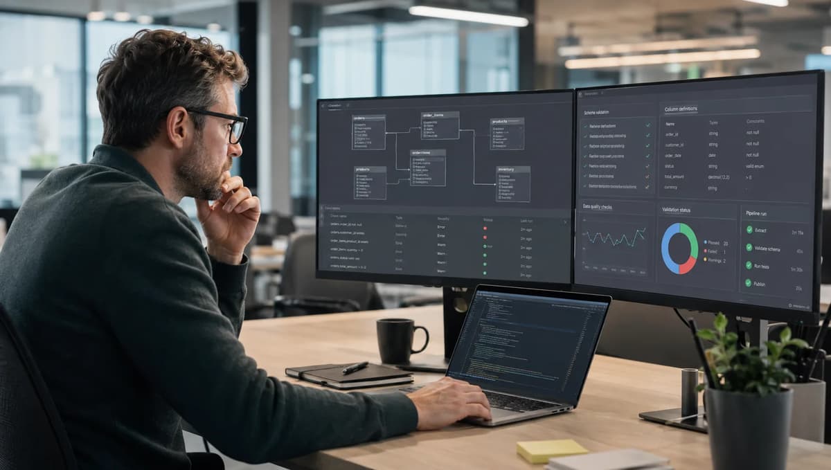 Experienced data engineer reviewing data contracts, schema validation, and pipeline quality checks on multiple monitors.