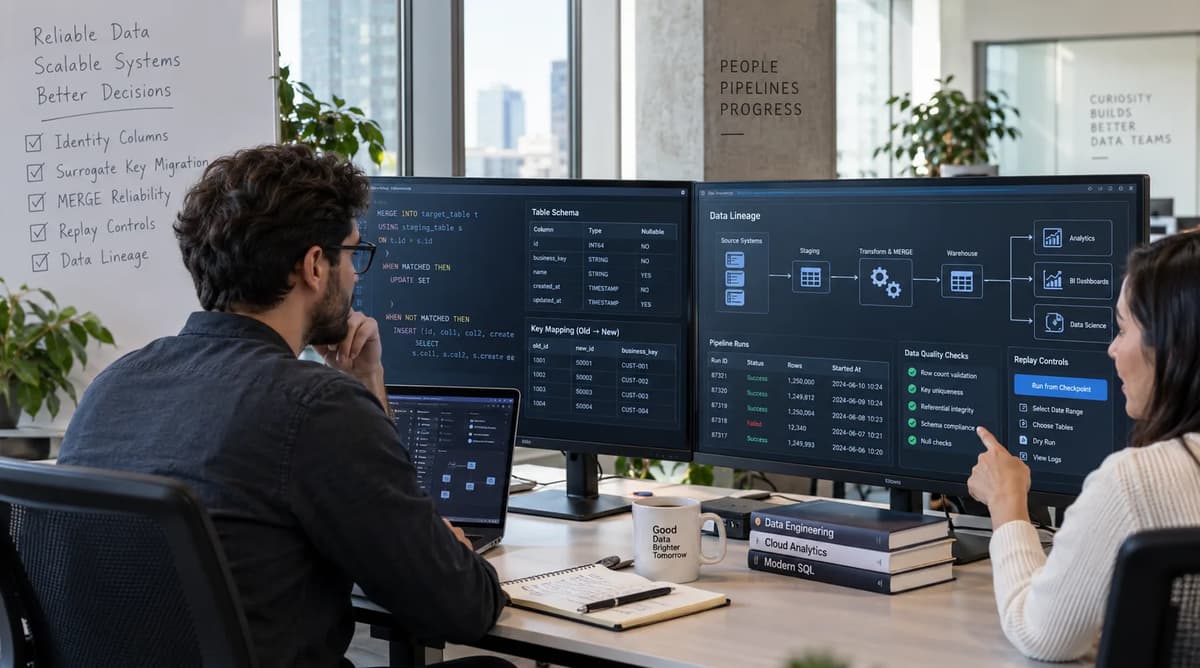 Data engineers reviewing BigQuery identity-column schemas, surrogate-key mappings, MERGE tests, lineage, and pipeline compatibility in a data platform workspace
