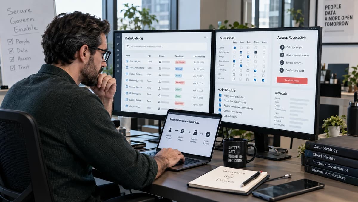 Data governance architect reviewing catalog permissions, metadata access, and an access-revocation workflow on office monitors.
