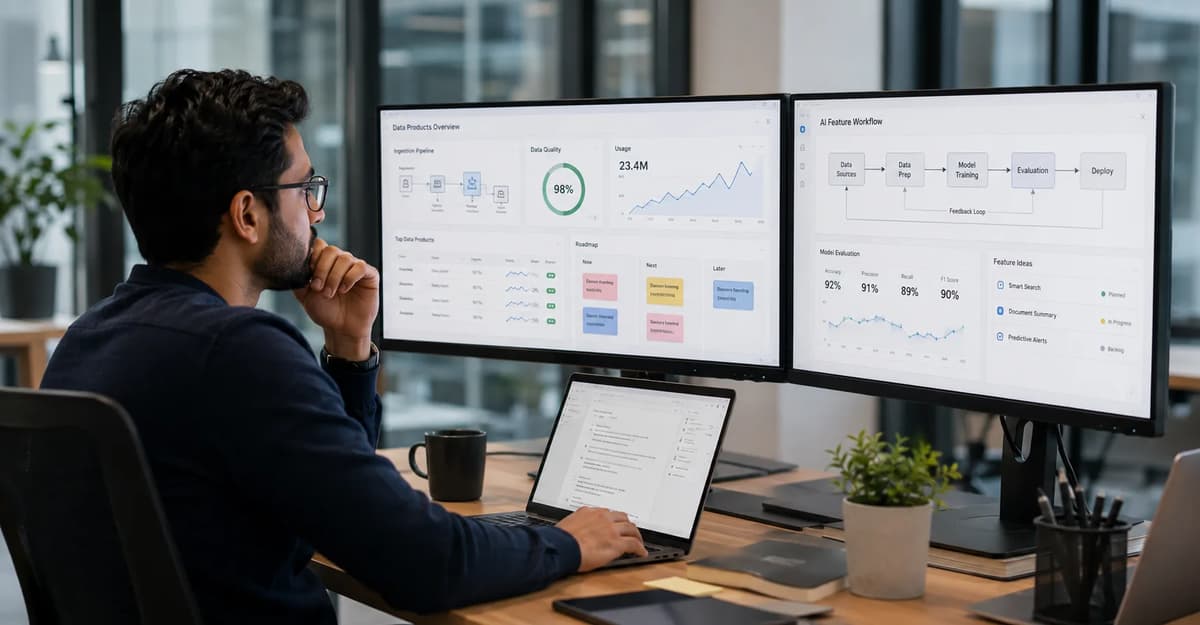 Data product manager reviewing data dashboards and AI product workflows on dual monitors in a modern office