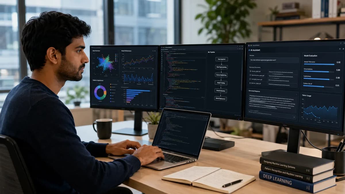AI professional working with data science dashboards, machine learning code, and a generative AI evaluation system