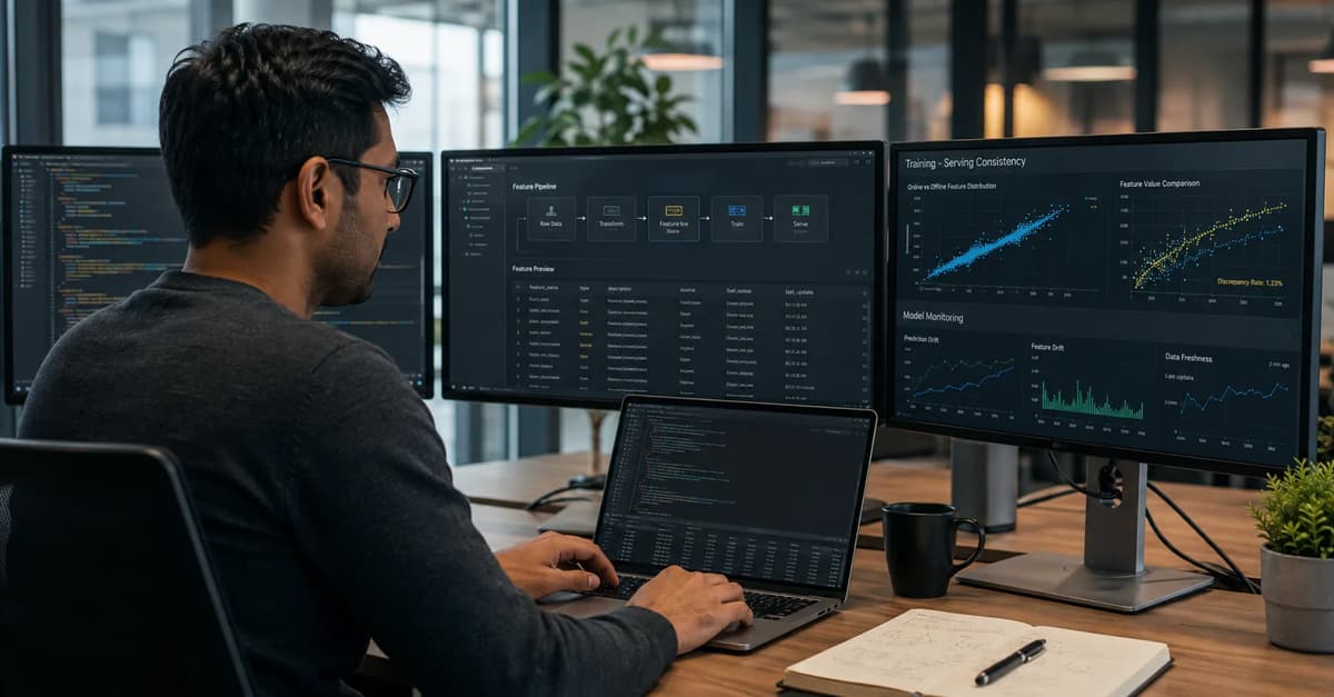 Data scientist monitoring feature pipelines and training-serving consistency across multiple screens
