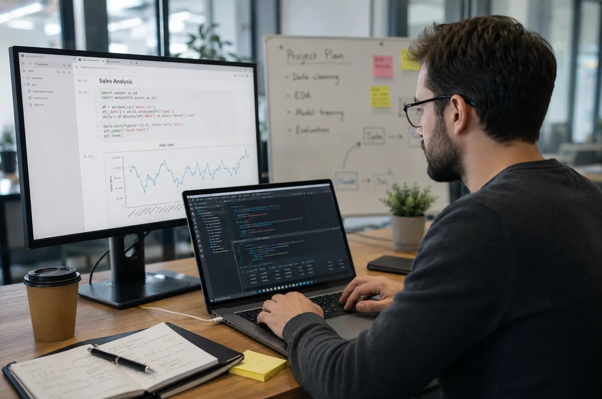 Data scientist reviewing Python notebook code and analytics charts while comparing Marimo and Jupyter workflows
