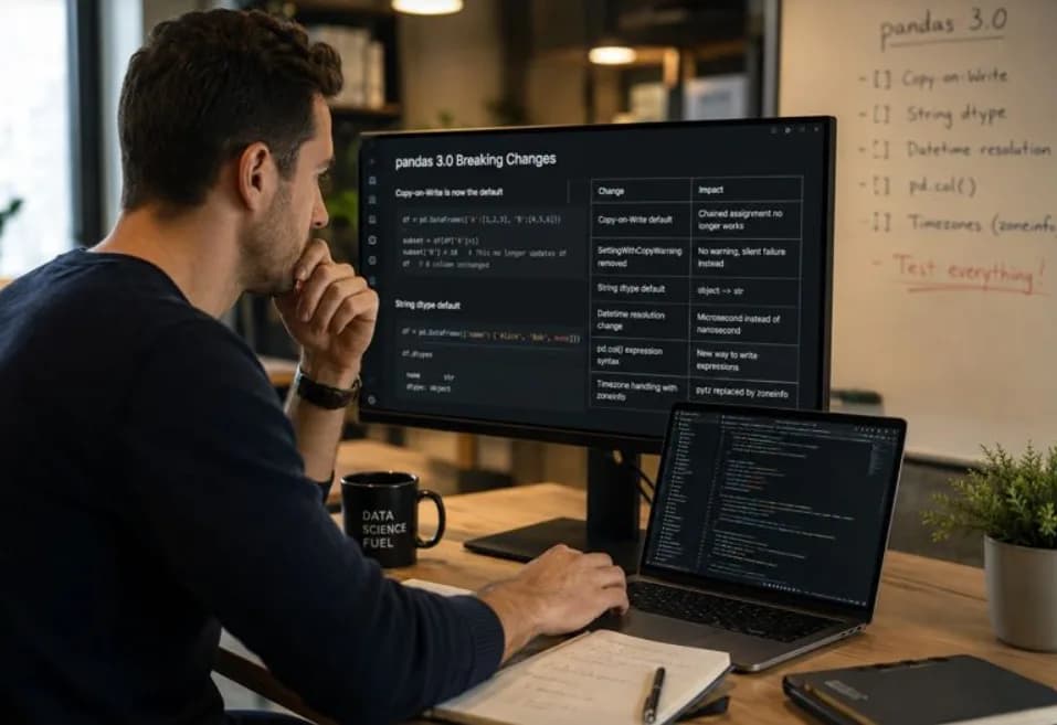 Data scientist reviewing pandas 3.0 breaking changes and updating Python code at a modern office workstation