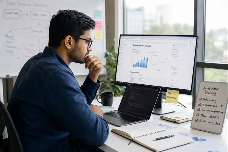 Data scientist reviewing an AI-generated notebook and checking model assumptions at a modern office workstation