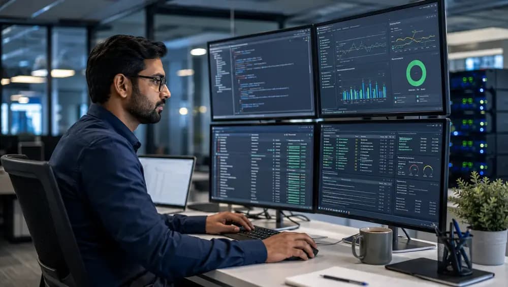 Database administrator monitoring SQL performance, backups, security, and cloud database systems at a multi-screen workstation