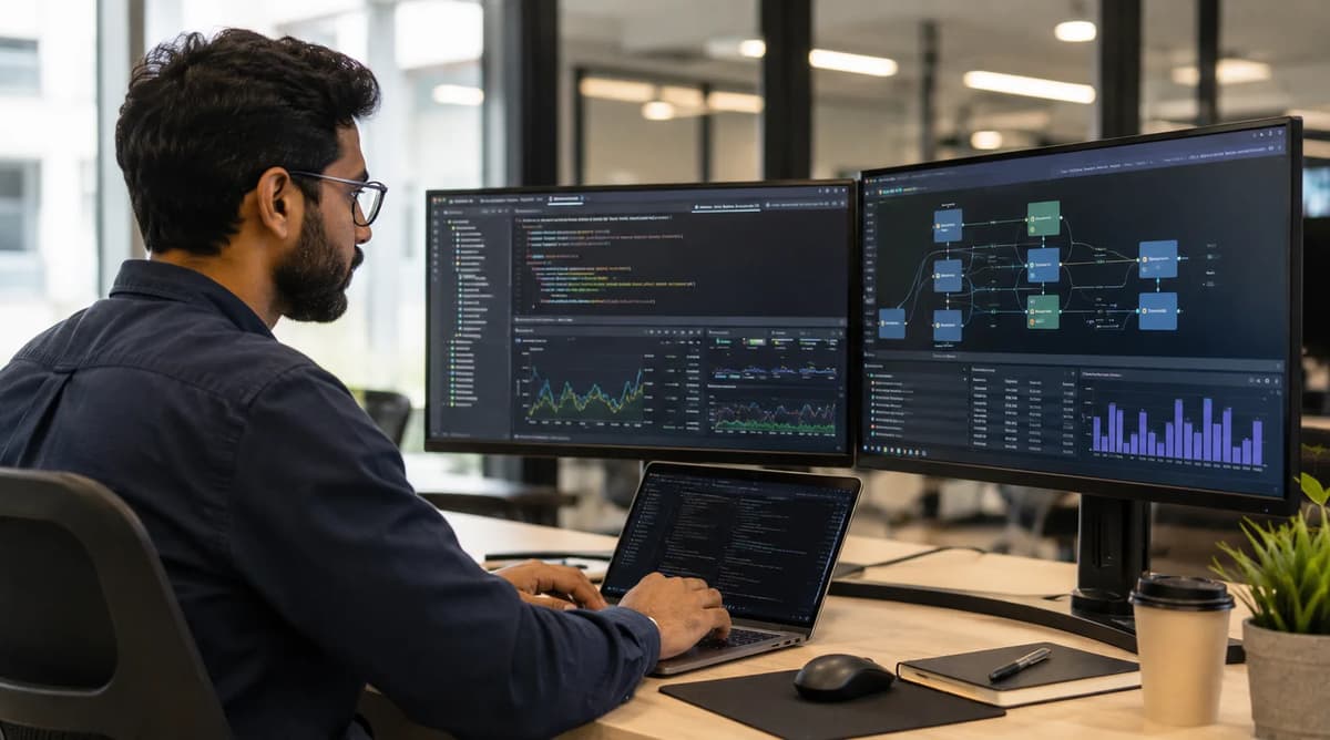 Data professional working with SQL database monitoring and data pipeline workflows on dual monitors