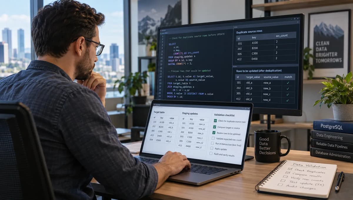 Database engineer validating duplicate source rows before a PostgreSQL UPDATE FROM operation