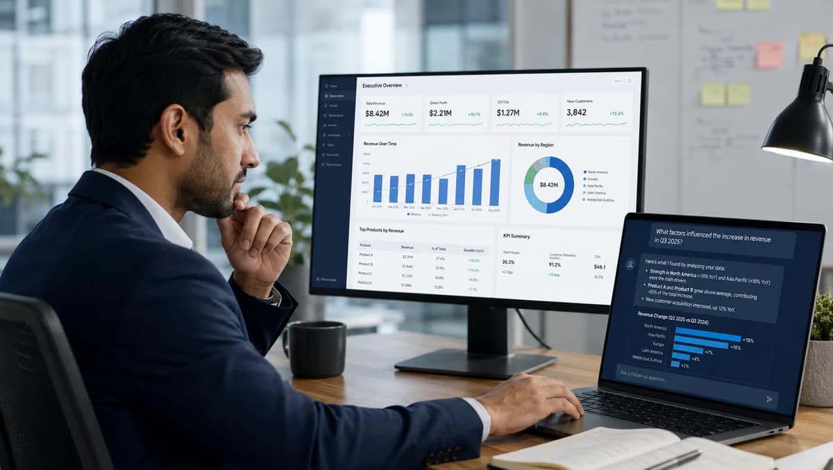Business analyst reviewing an AI-powered analytics dashboard and asking a natural-language data question