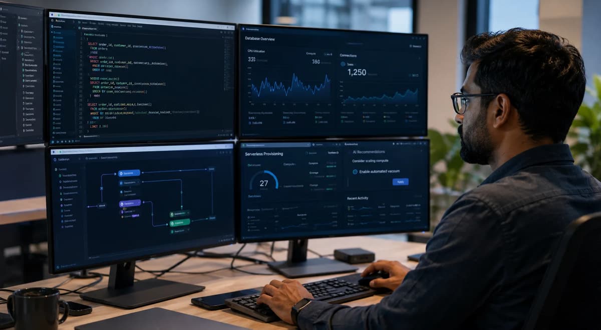 Database administrator monitoring SQL, serverless Postgres provisioning, and cloud database performance dashboards.