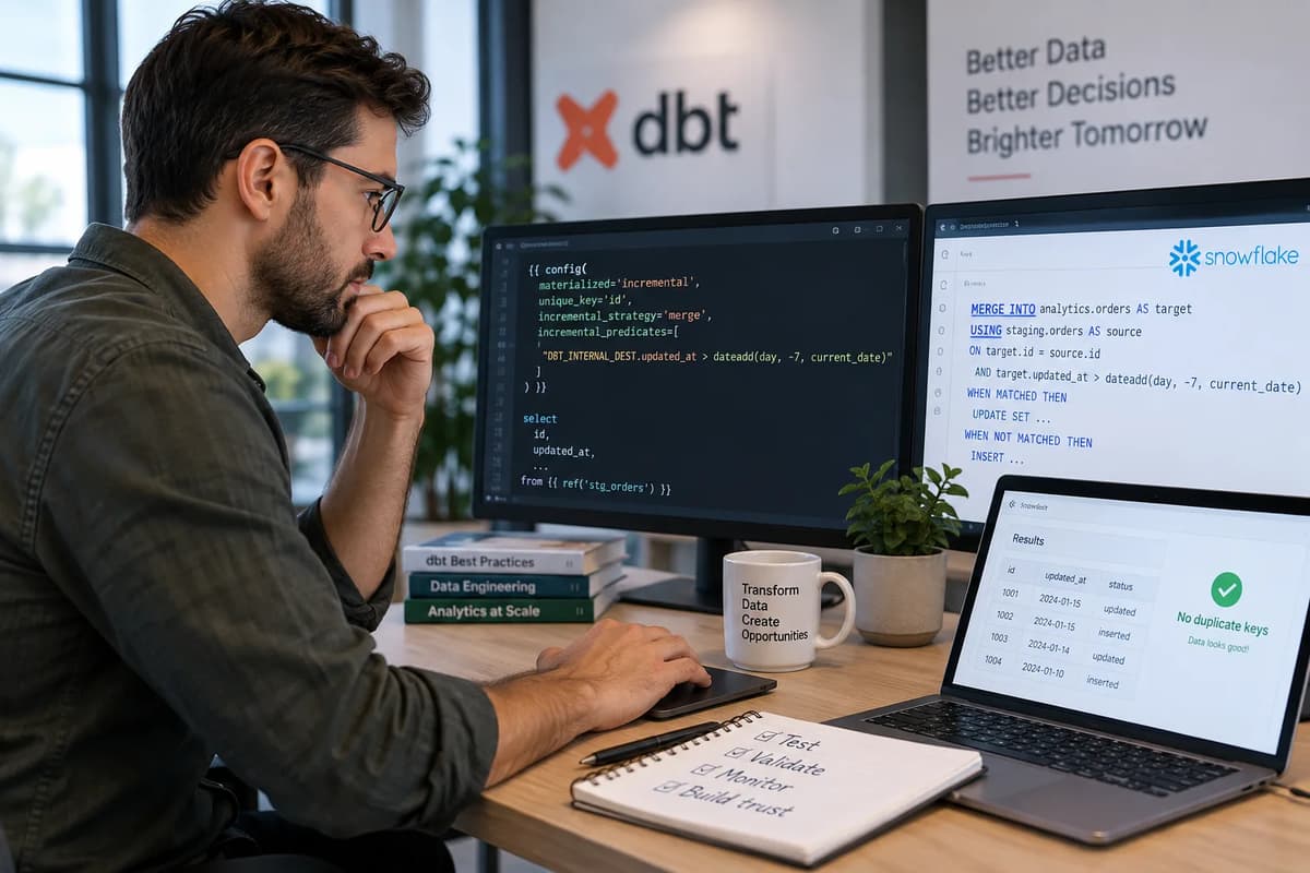 Analytics engineer reviewing dbt incremental predicate settings and Snowflake MERGE results for duplicate-key validation