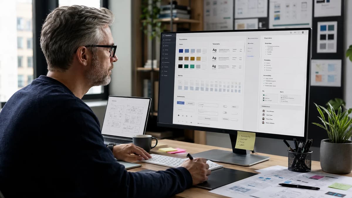 Senior product designer managing design system components, tokens, documentation, and accessibility guidelines at a workstation