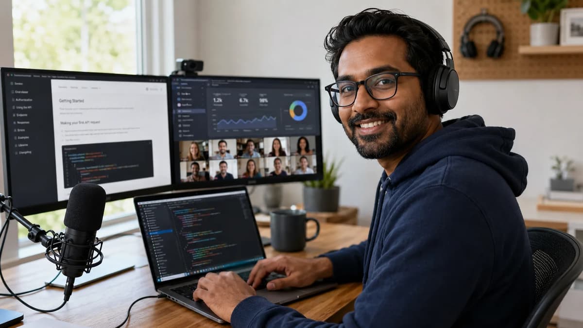 Developer relations professional working with API documentation, code, analytics, and a virtual developer community
