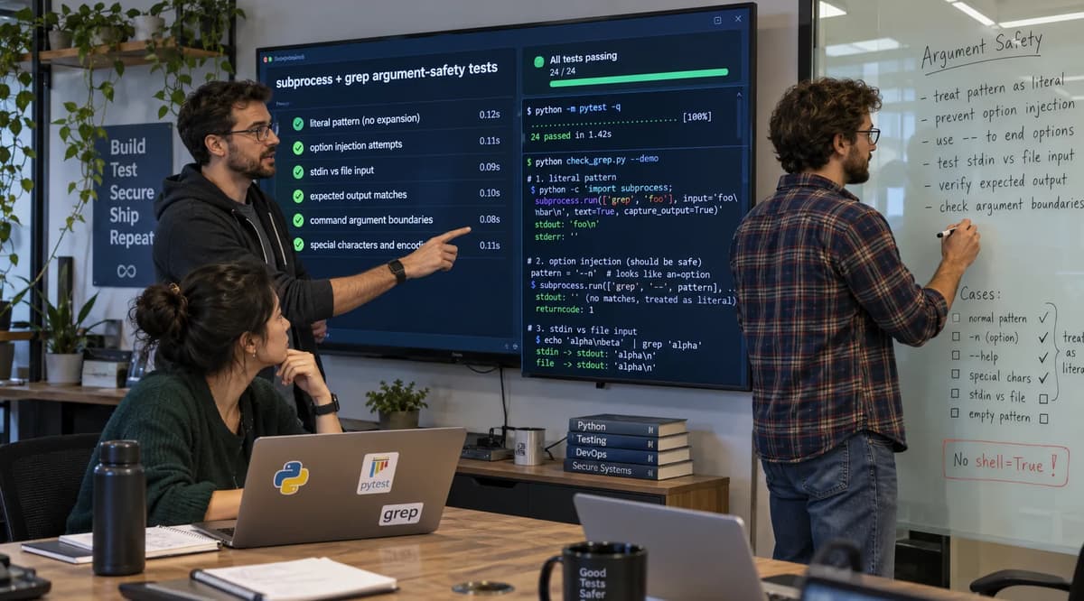Software team reviewing Python subprocess and GNU grep argument-safety tests