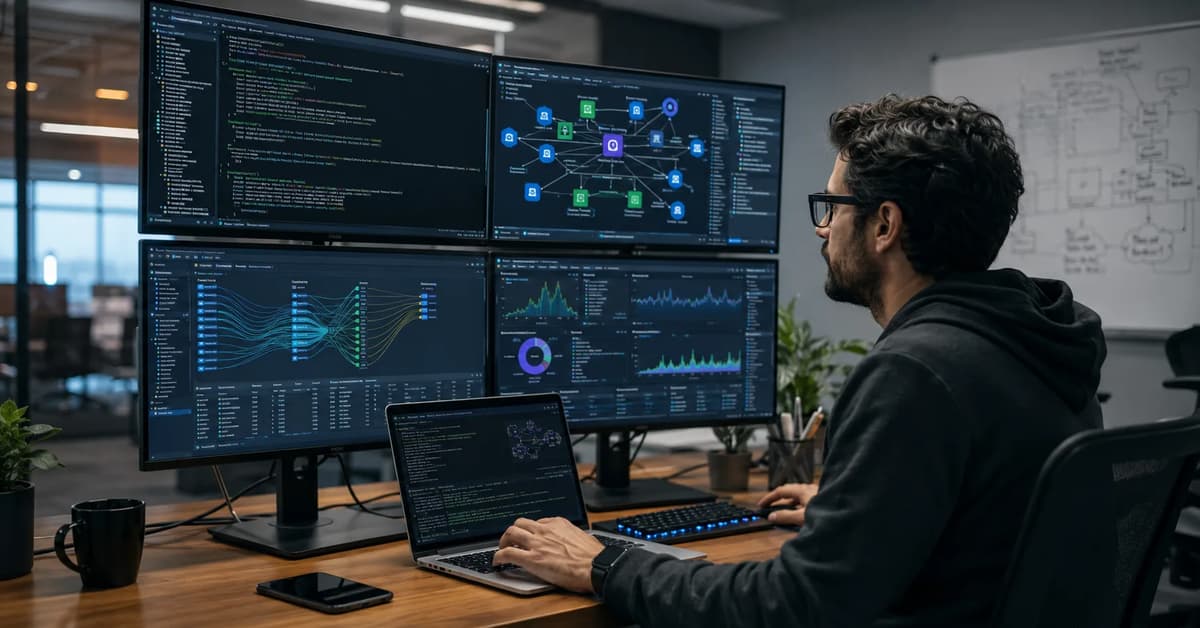 DevOps engineer monitoring eBPF and Cilium Kubernetes network flows across multiple screens