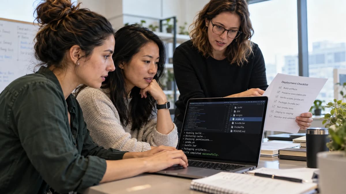 DevOps engineer reviewing GitHub Actions build logs and Linux file permissions on a laptop.