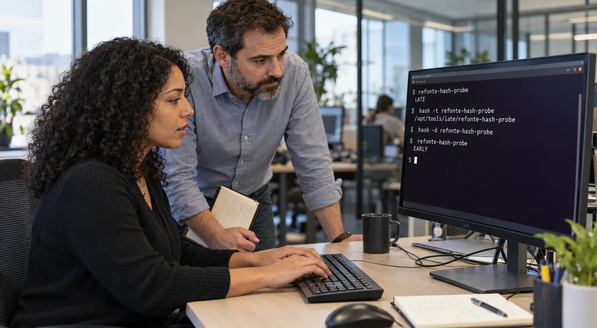 Two DevOps engineers reviewing Linux terminal output before and after clearing Bash’s cached executable path.