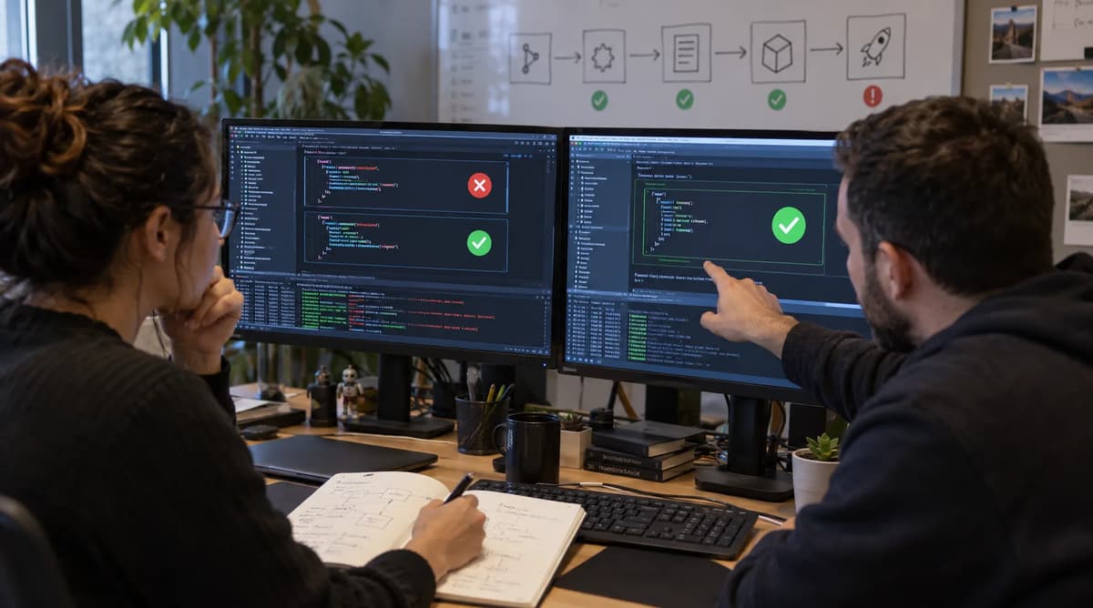 DevOps engineers reviewing mixed jq JSON validation results and a corrected CI gate on dual desktop monitors