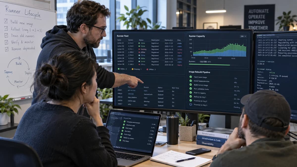 DevOps engineers reviewing GitHub Actions self-hosted runner versions, deprecation dates, capacity, and image rollout dashboards