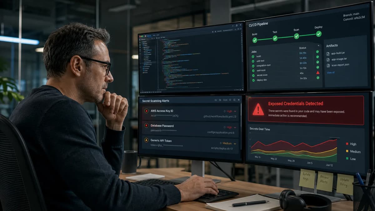 DevSecOps engineer investigating exposed credentials and AI coding agent risks in a CI/CD pipeline