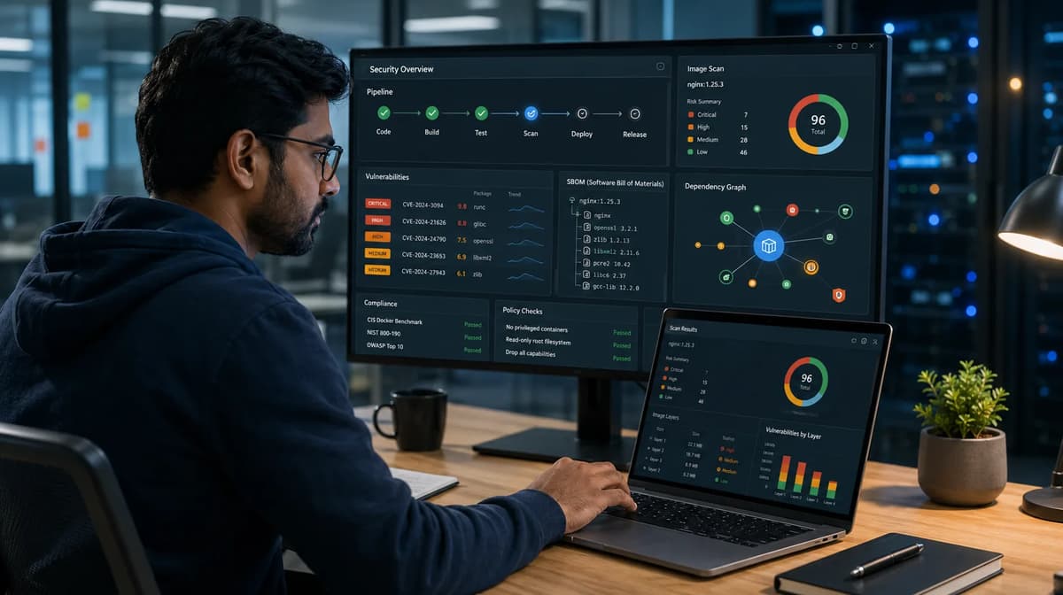 DevSecOps engineer reviewing container vulnerability scans, SBOM data, and CI/CD security results on multiple screens