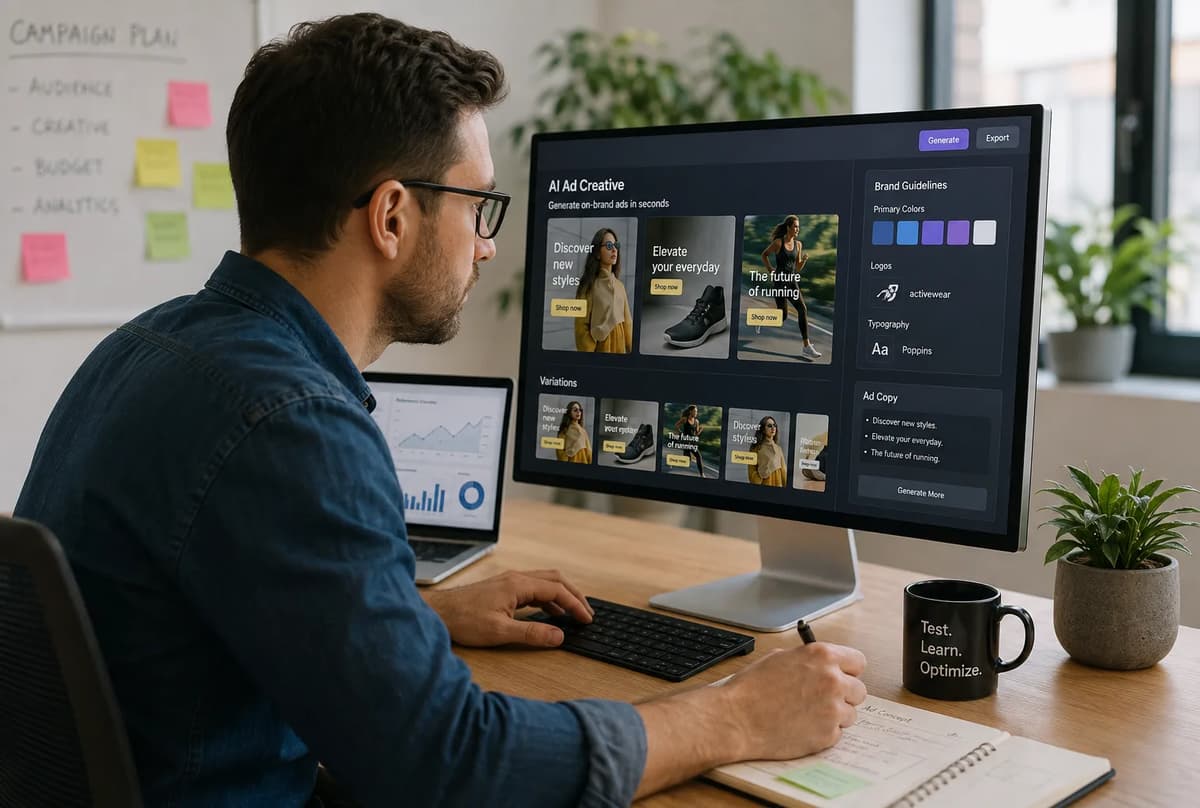 Digital marketer reviewing AI-generated ad creative variations and campaign performance on a desktop computer